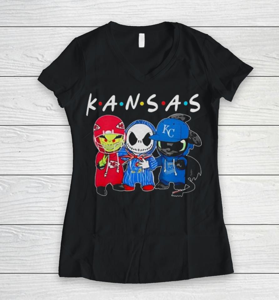 Kansas Sports Teams Jack Skellington X Grinch And Toothless Dragon Women V-Neck T-Shirt