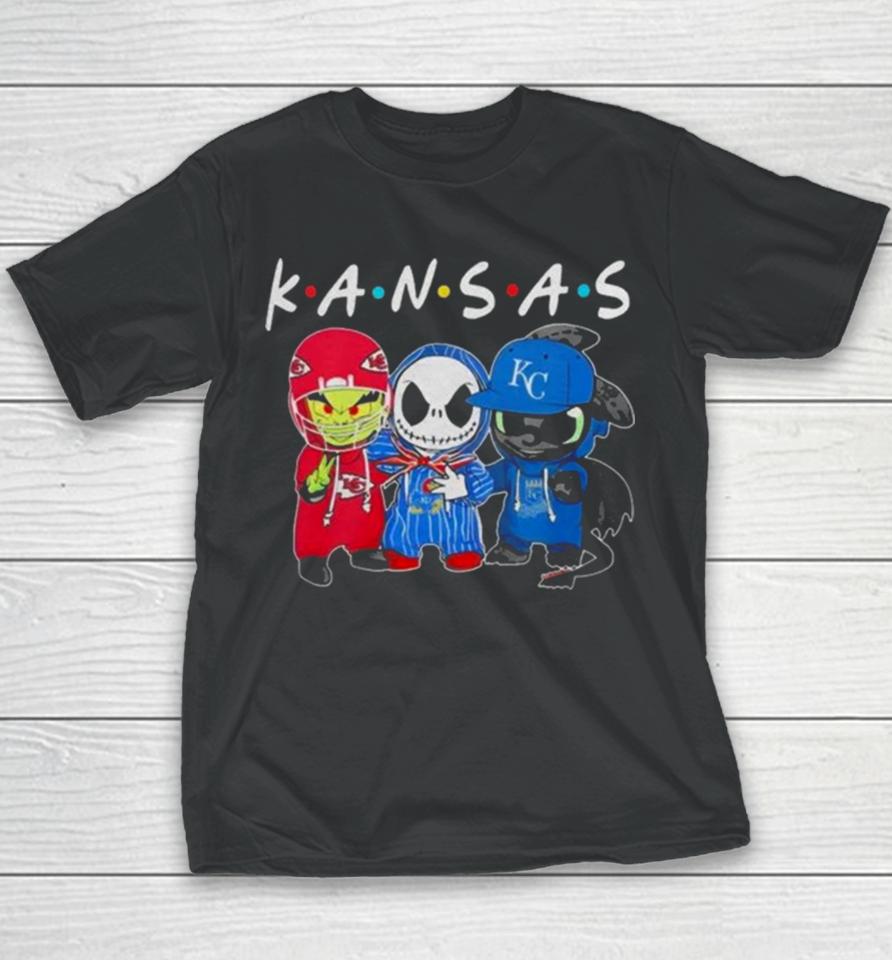 Kansas Sports Teams Jack Skellington X Grinch And Toothless Dragon Youth T-Shirt