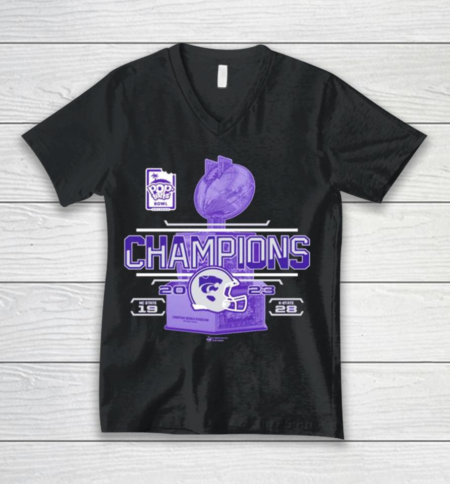 Kansas State Wildcats 2023 Pop Tarts Bowl Champions 28 19 Nc State Score Purple Unisex V-Neck T-Shirt