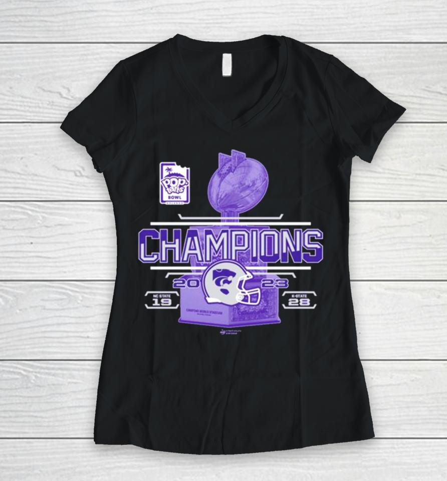Kansas State Wildcats 2023 Pop Tarts Bowl Champions 28 19 Nc State Score Purple Women V-Neck T-Shirt