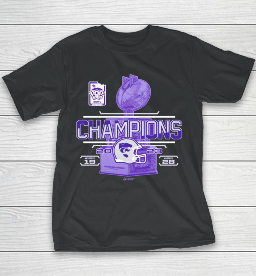 Kansas State Wildcats 2023 Pop Tarts Bowl Champions 28 19 Nc State Score Purple Youth T-Shirt