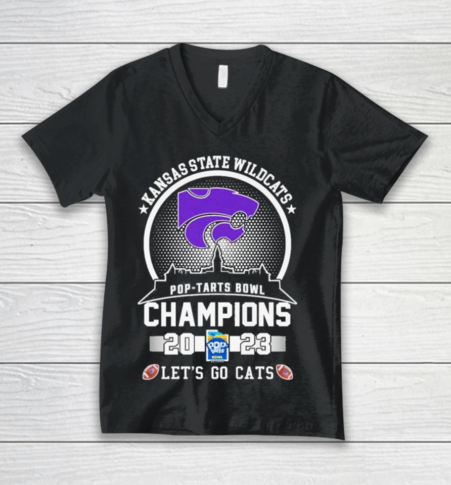 Kansas State Wildcats Football 2023 Pop Tarts Bowl Champions Skyline Let’s Go Cats Unisex V-Neck T-Shirt