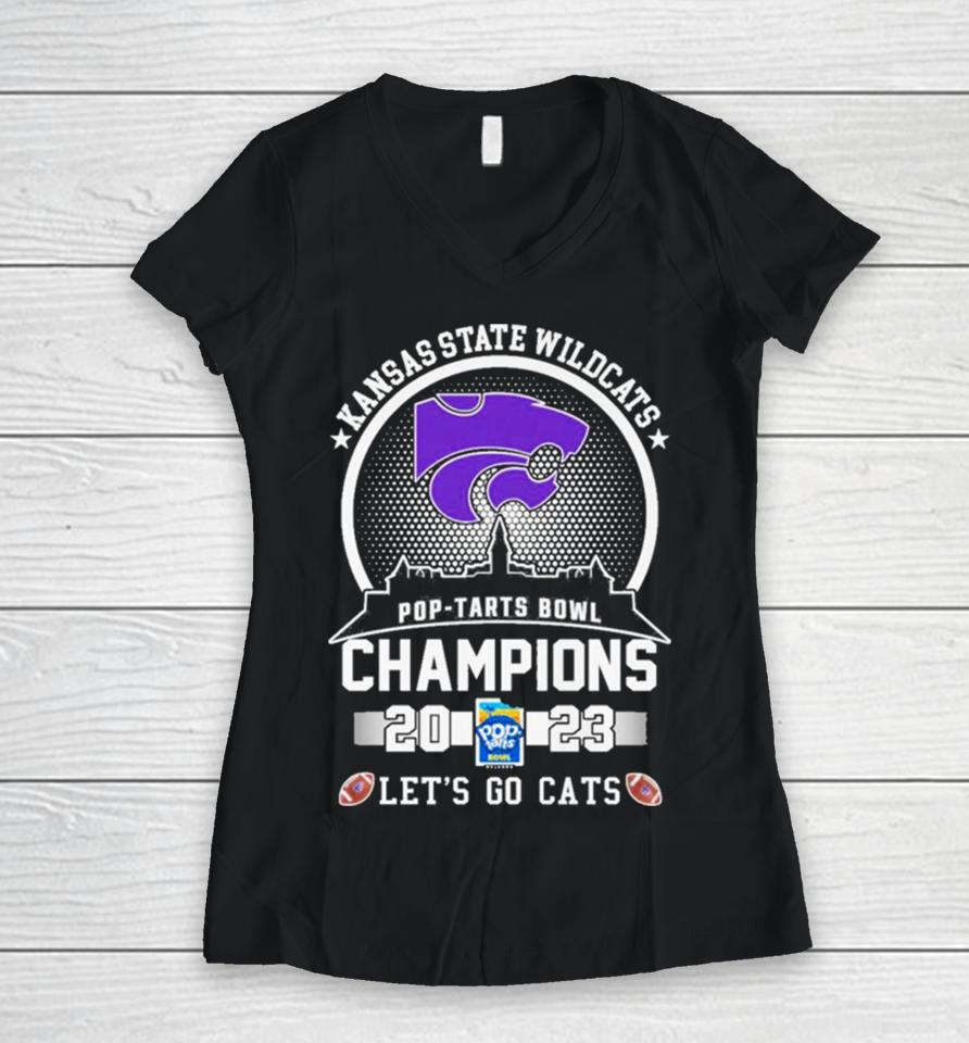 Kansas State Wildcats Football 2023 Pop Tarts Bowl Champions Skyline Let’s Go Cats Women V-Neck T-Shirt