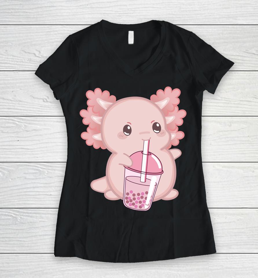 Kawaii Anime Axolotl Boba Bubble Tea Women V-Neck T-Shirt