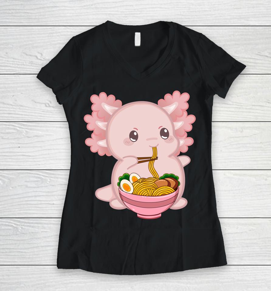 Kawaii Anime Axolotl Ramen Noodle Women V-Neck T-Shirt