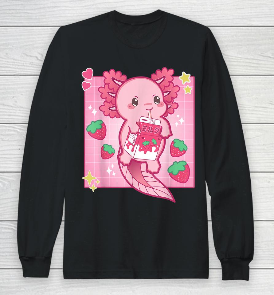 Kawaii Anime Axolotl Strawberry Milk Long Sleeve T-Shirt