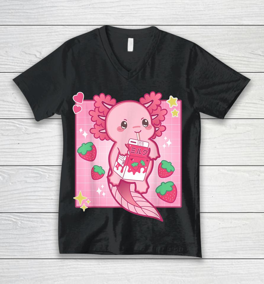 Kawaii Anime Axolotl Strawberry Milk Unisex V-Neck T-Shirt