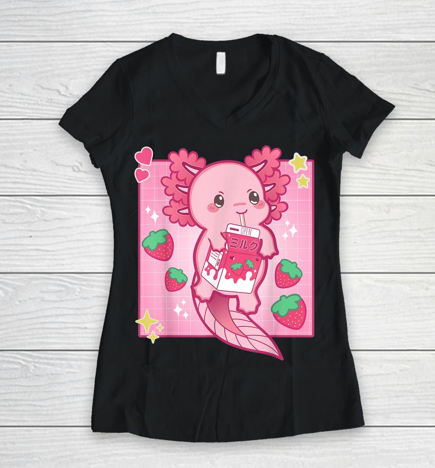 Kawaii Anime Axolotl Strawberry Milk Women V-Neck T-Shirt