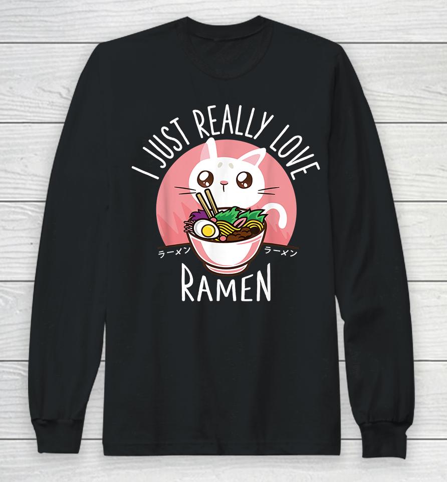 Kawaii Anime Cat Love Ramen Japanese Noodles Long Sleeve T-Shirt