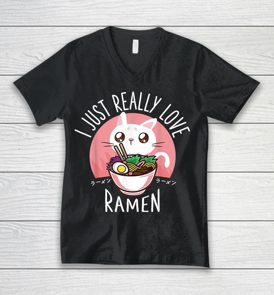 Kawaii Anime Cat Love Ramen Japanese Noodles Unisex V-Neck T-Shirt
