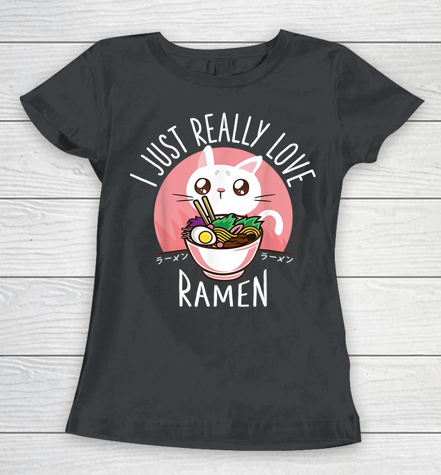Kawaii Anime Cat Love Ramen Japanese Noodles Women T-Shirt