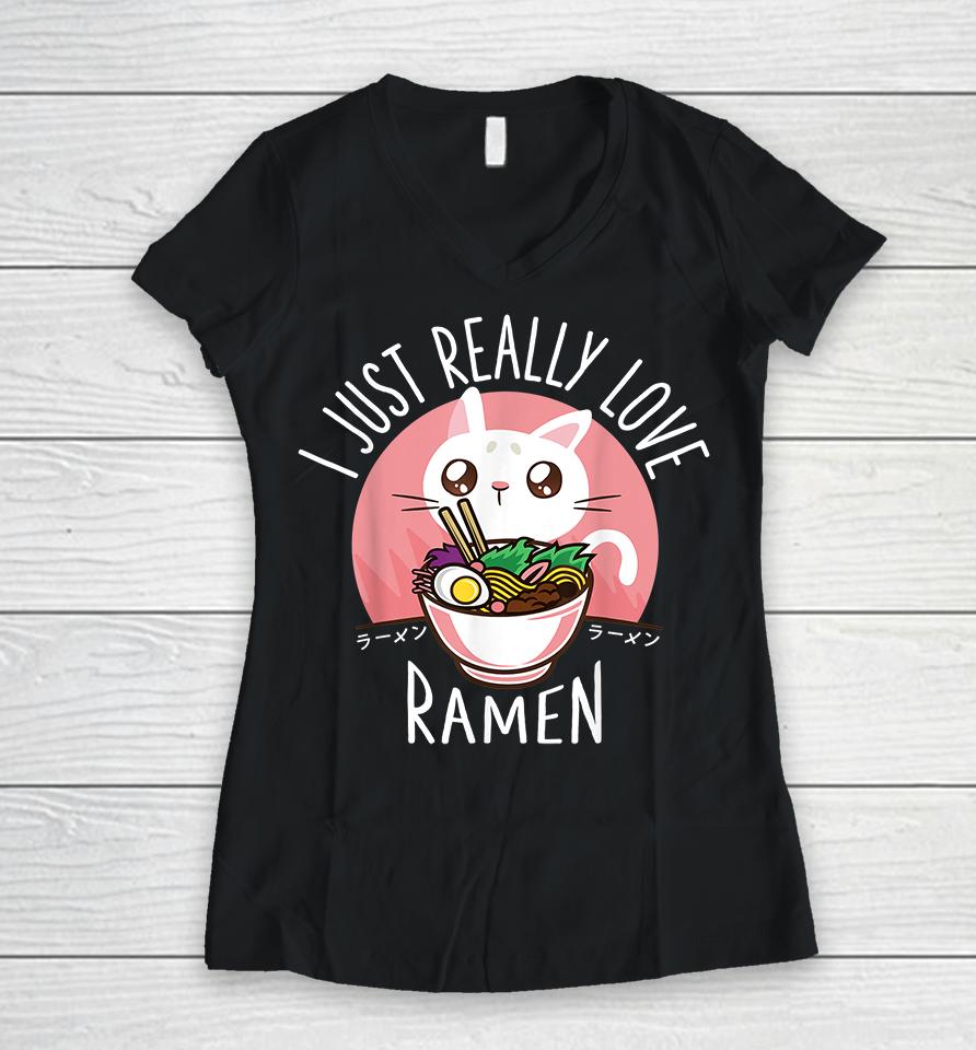 Kawaii Anime Cat Love Ramen Japanese Noodles Women V-Neck T-Shirt