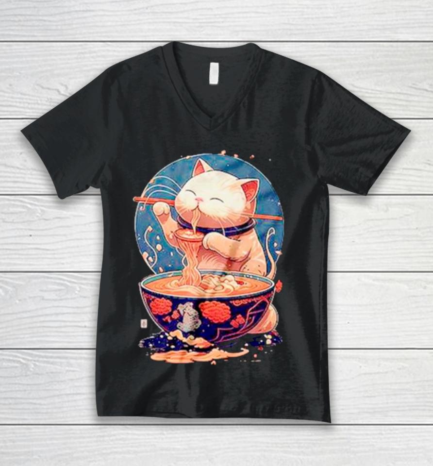 Kawaii Cat Eating Ramen Unisex V-Neck T-Shirt