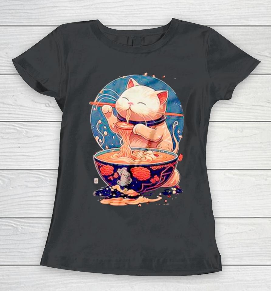 Kawaii Cat Eating Ramen Women T-Shirt
