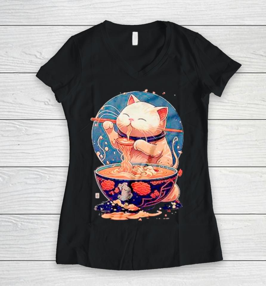 Kawaii Cat Eating Ramen Women V-Neck T-Shirt