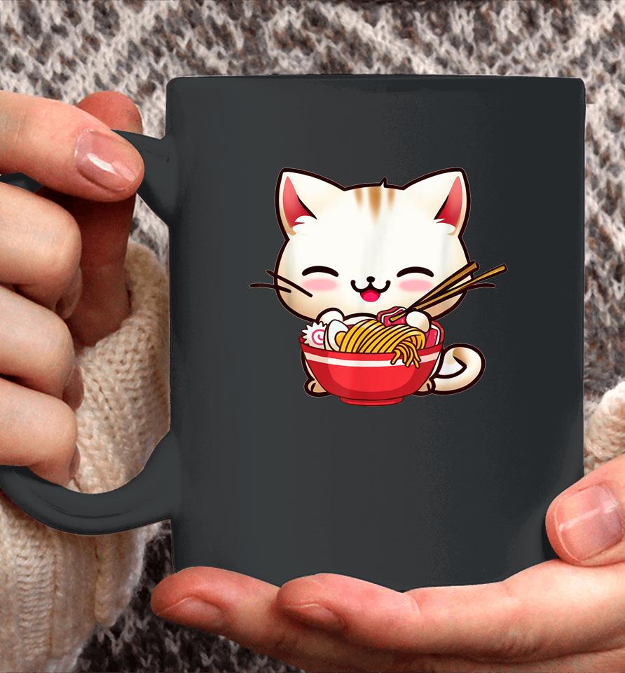 Kawaii Cat Eats Japanese Ramen, Dad-Dy Mom-My Boy Girl Funny Coffee Mug