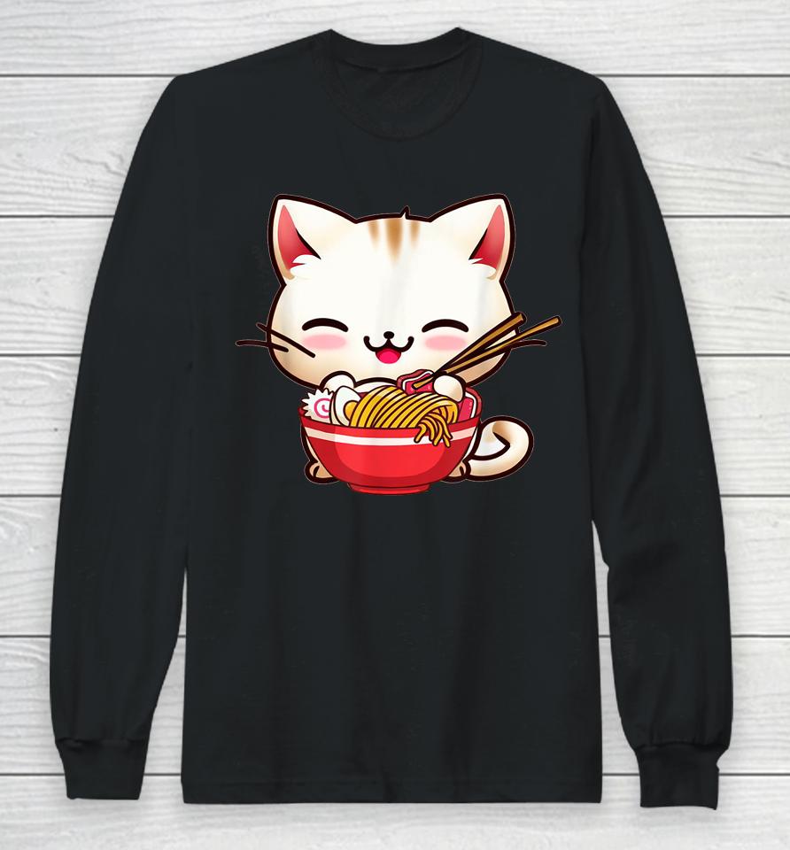 Kawaii Cat Eats Japanese Ramen, Dad-Dy Mom-My Boy Girl Funny Long Sleeve T-Shirt