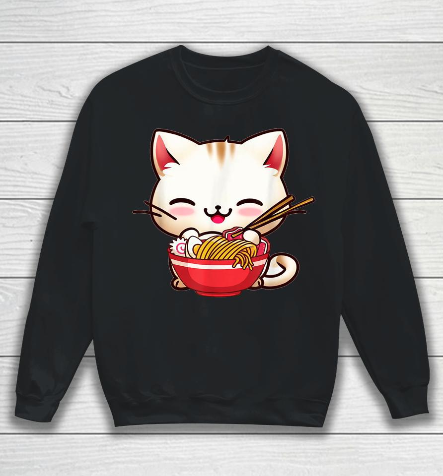 Kawaii Cat Eats Japanese Ramen, Dad-Dy Mom-My Boy Girl Funny Sweatshirt