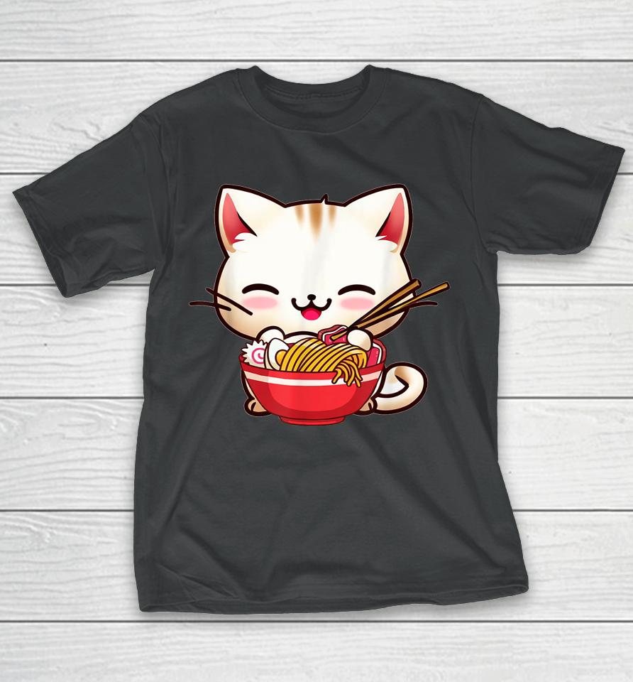 Kawaii Cat Eats Japanese Ramen, Dad-Dy Mom-My Boy Girl Funny T-Shirt