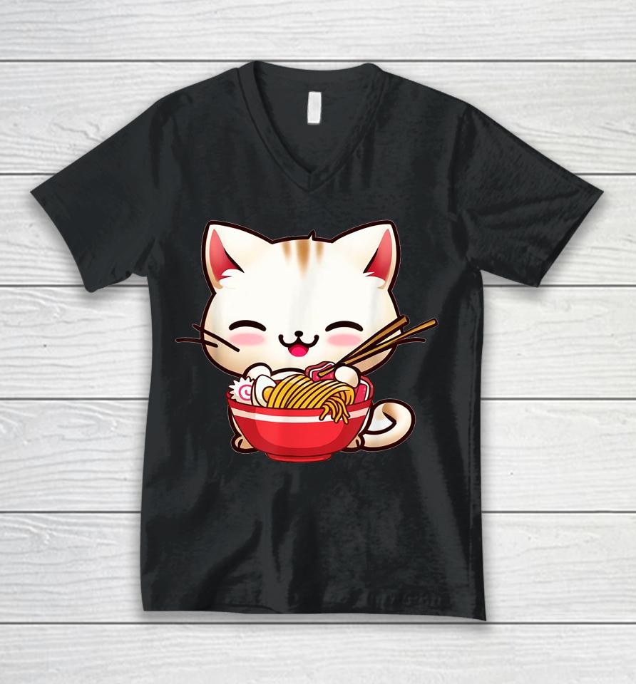 Kawaii Cat Eats Japanese Ramen, Dad-Dy Mom-My Boy Girl Funny Unisex V-Neck T-Shirt