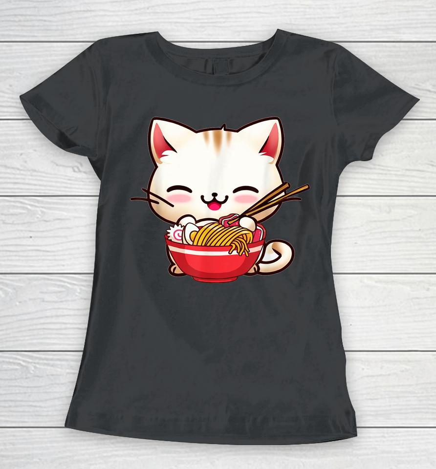 Kawaii Cat Eats Japanese Ramen, Dad-Dy Mom-My Boy Girl Funny Women T-Shirt