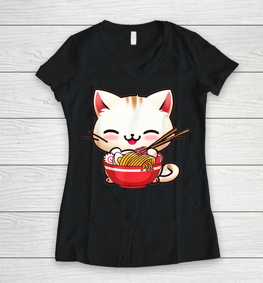 Kawaii Cat Eats Japanese Ramen, Dad-Dy Mom-My Boy Girl Funny Women V-Neck T-Shirt