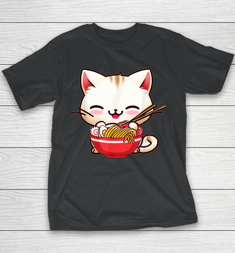 Kawaii Cat Eats Japanese Ramen, Dad-Dy Mom-My Boy Girl Funny Youth T-Shirt