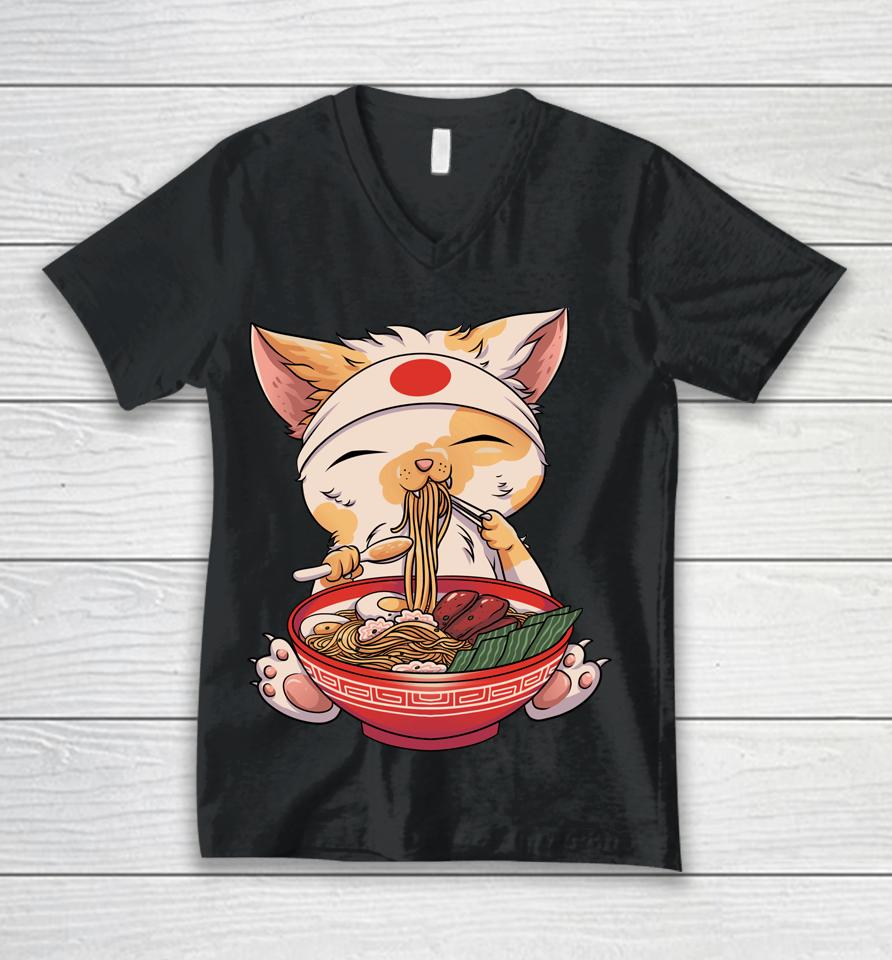 Kawaii Cat Ramen Noodles Cute Kitten Japanese Anime Gifts Unisex V-Neck T-Shirt