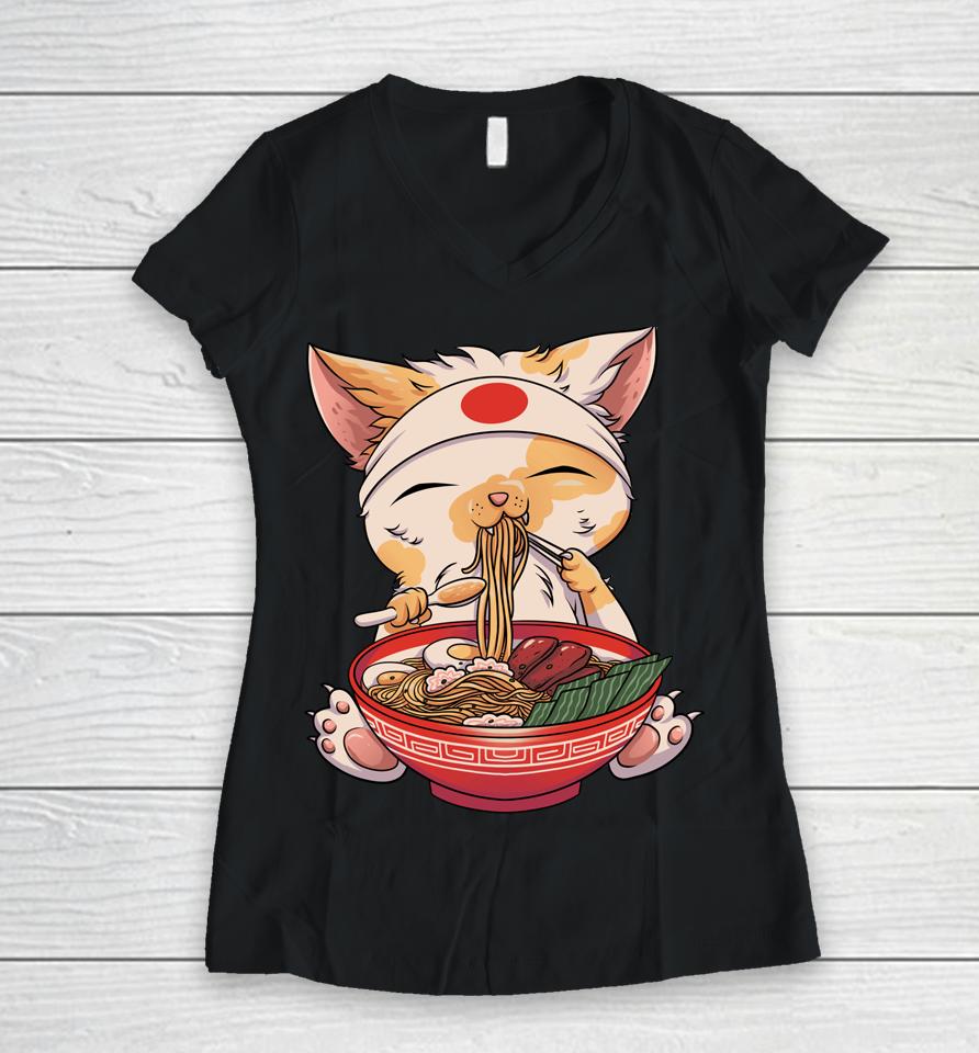 Kawaii Cat Ramen Noodles Cute Kitten Japanese Anime Gifts Women V-Neck T-Shirt