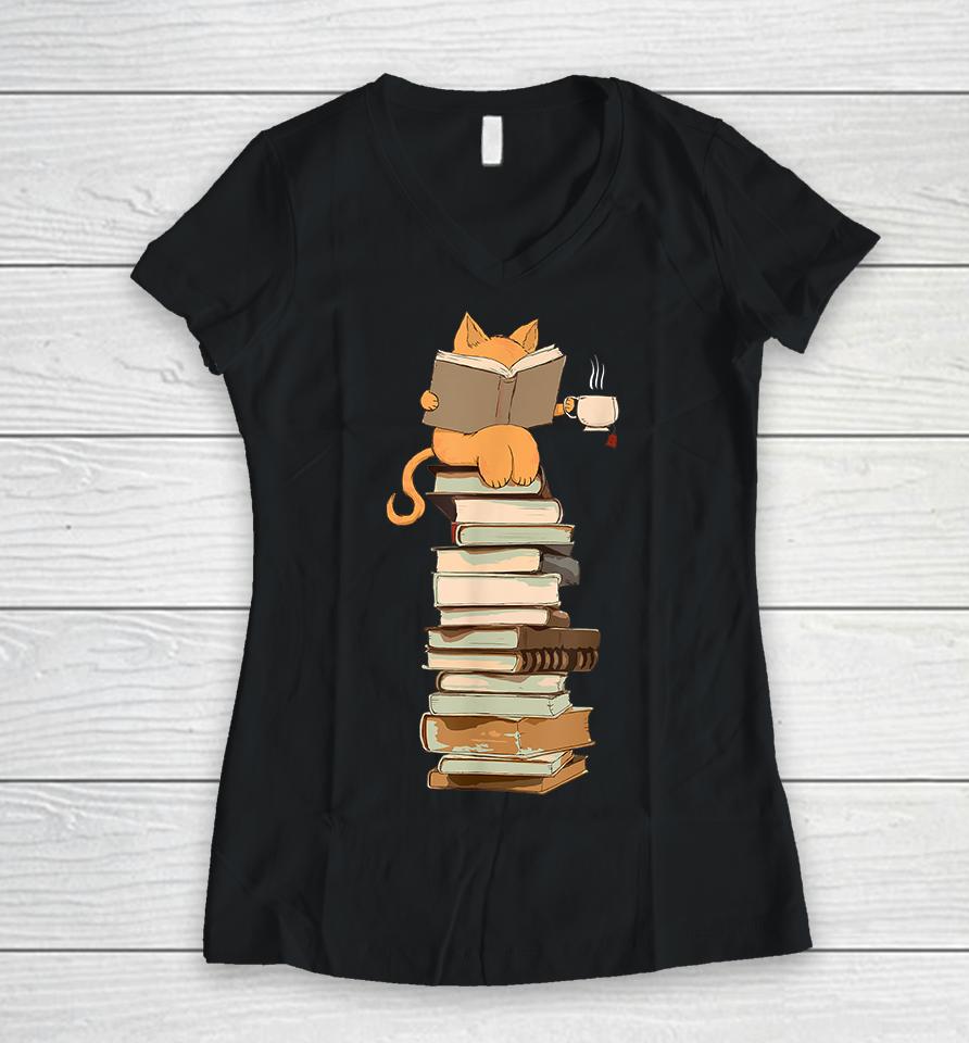 Kawaii Cats Books Women V-Neck T-Shirt
