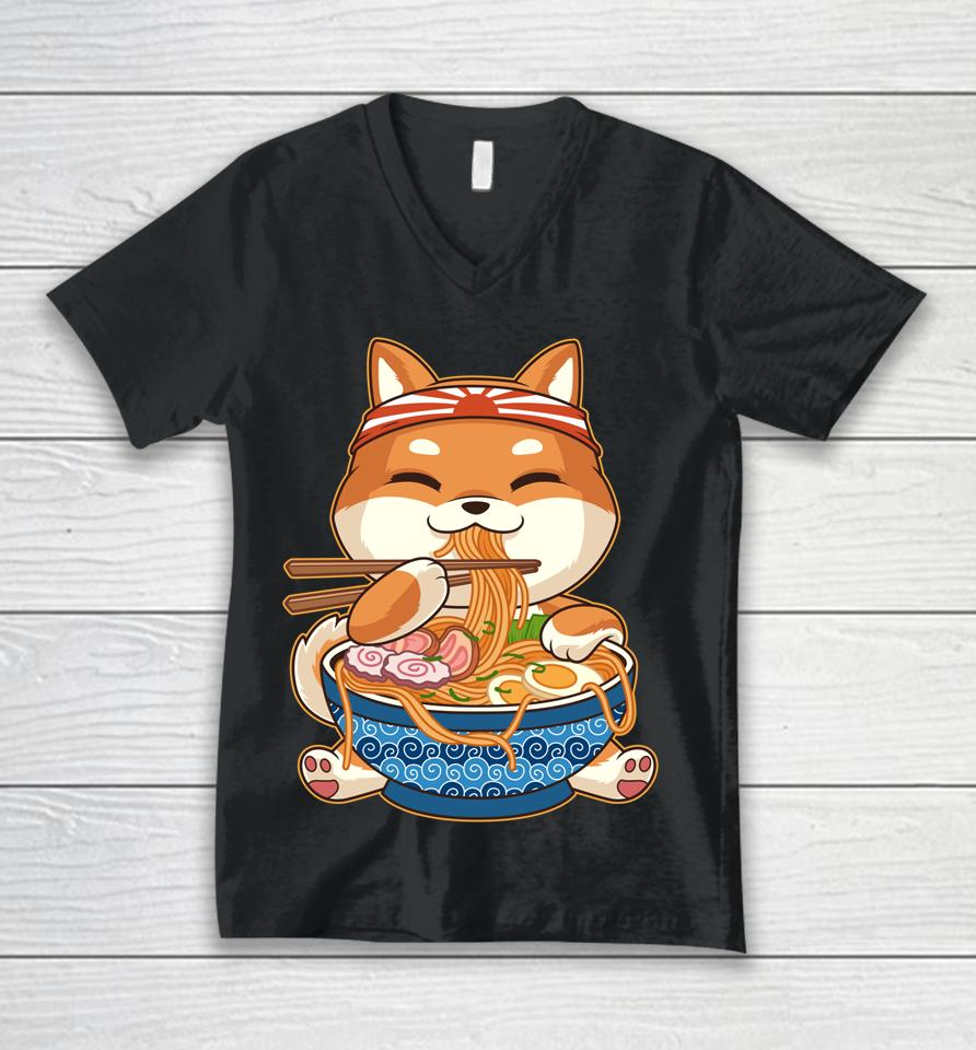 Kawaii Cute Anime Shiba Inu Dog Otaku Japanese Ramen Noodles Unisex V-Neck T-Shirt