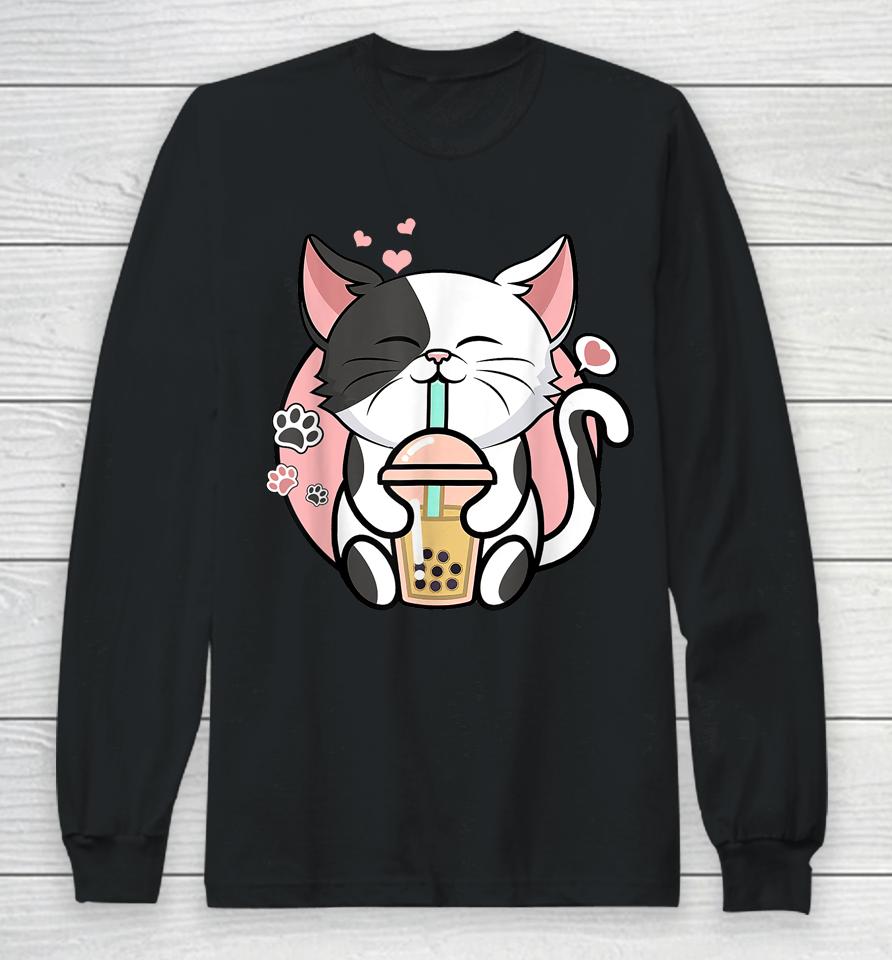 Kawaii Cute Cat Boba Bubble Milk Tea Anime Girls Teen Neko Long Sleeve T-Shirt