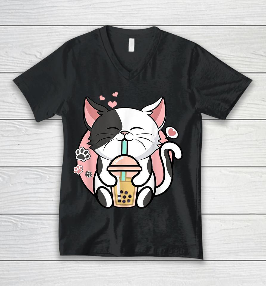 Kawaii Cute Cat Boba Bubble Milk Tea Anime Girls Teen Neko Unisex V-Neck T-Shirt