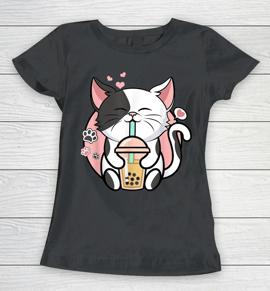 Kawaii Cute Cat Boba Bubble Milk Tea Anime Girls Teen Neko Women T-Shirt
