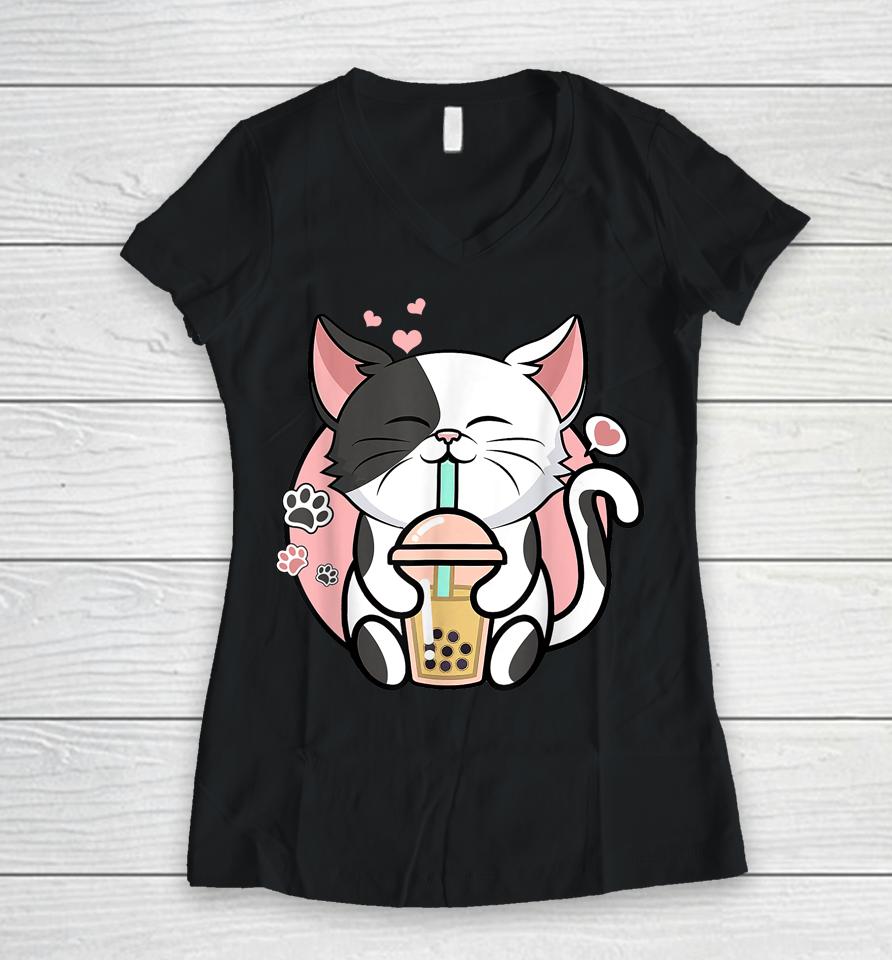 Kawaii Cute Cat Boba Bubble Milk Tea Anime Girls Teen Neko Women V-Neck T-Shirt