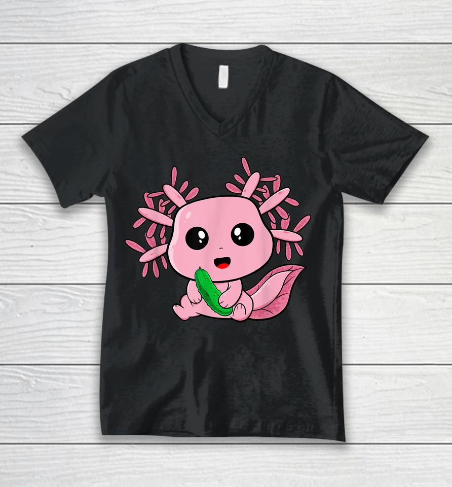 Kawaii Funny Axolotl With Pickles Foodie Teens Anime Lover Unisex V-Neck T-Shirt
