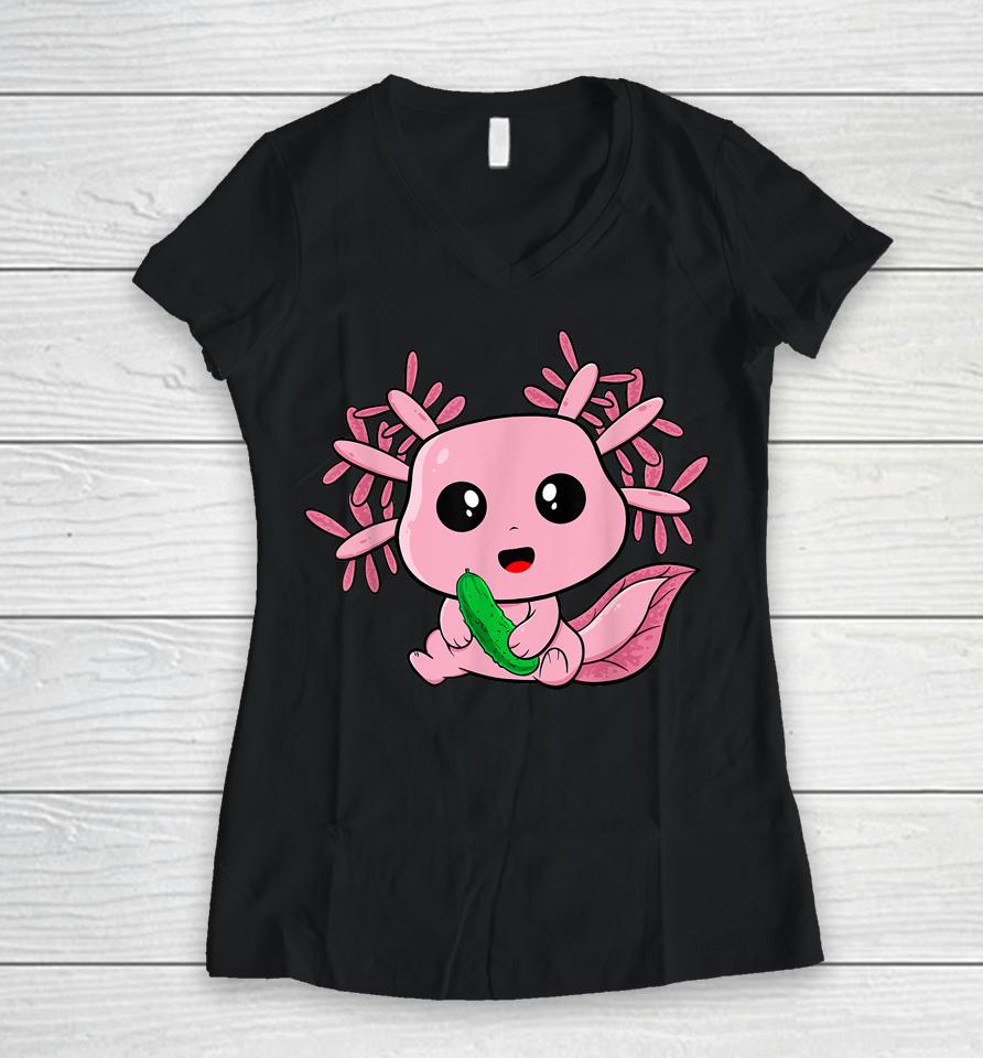 Kawaii Funny Axolotl With Pickles Foodie Teens Anime Lover Women V-Neck T-Shirt