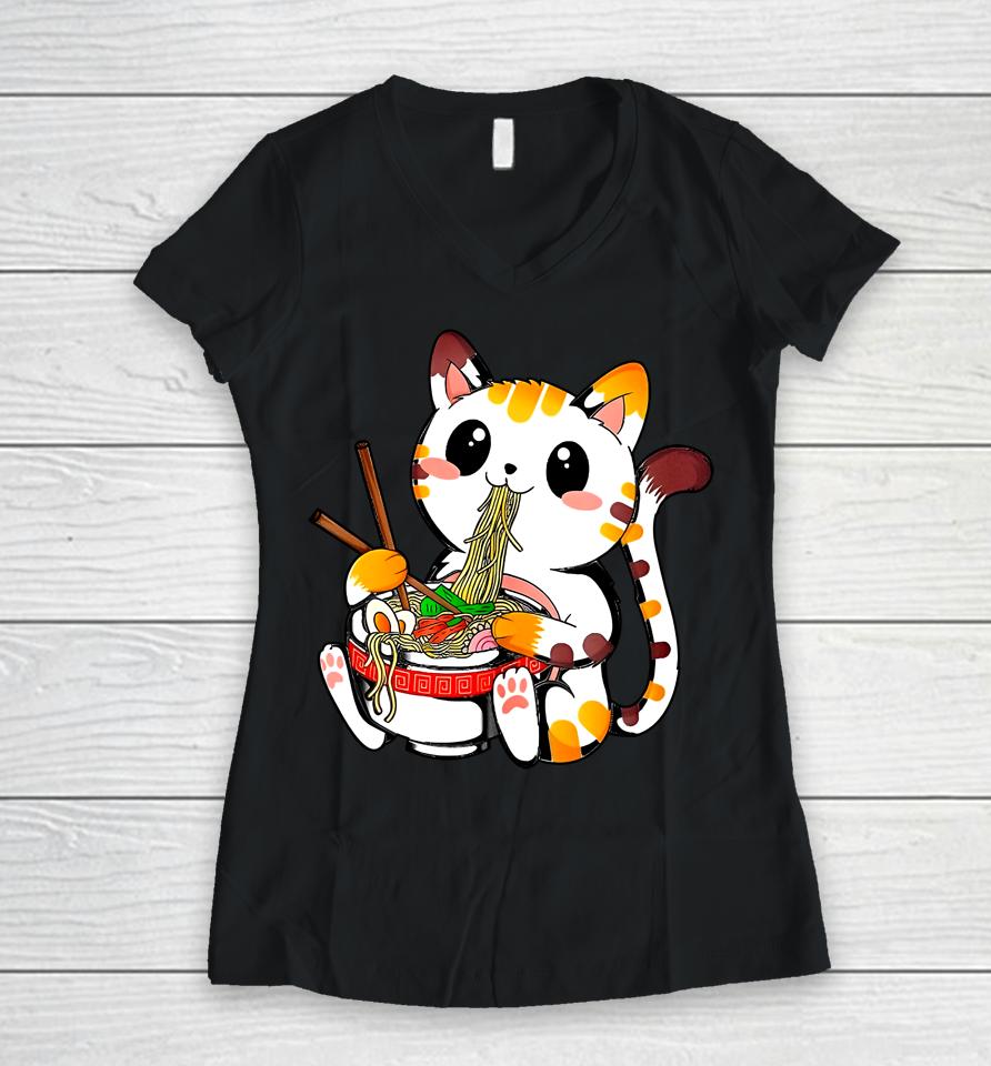 Kawaii Japanese Orange Cat Ramen Women V-Neck T-Shirt