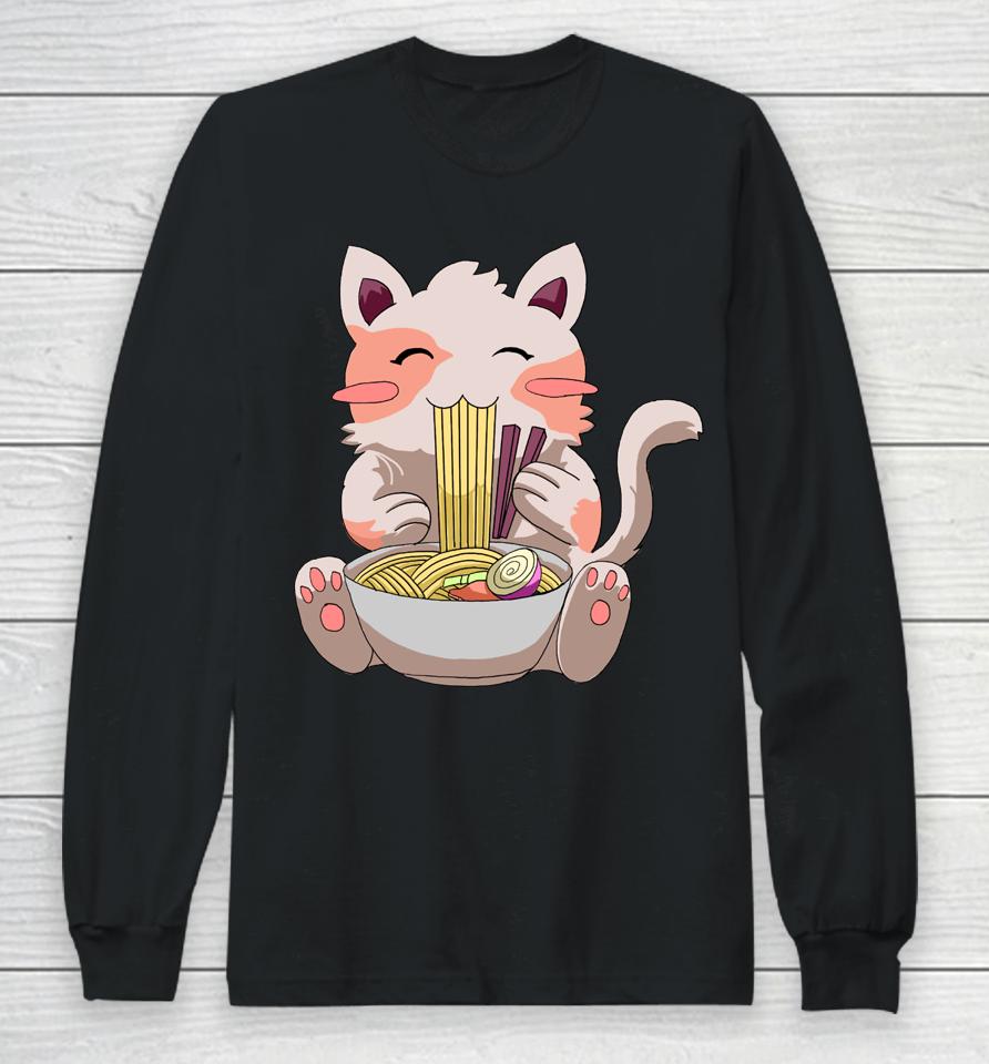 Kawaii Neko Cat Ramen Bowl Anime Japanese Noodles Long Sleeve T-Shirt