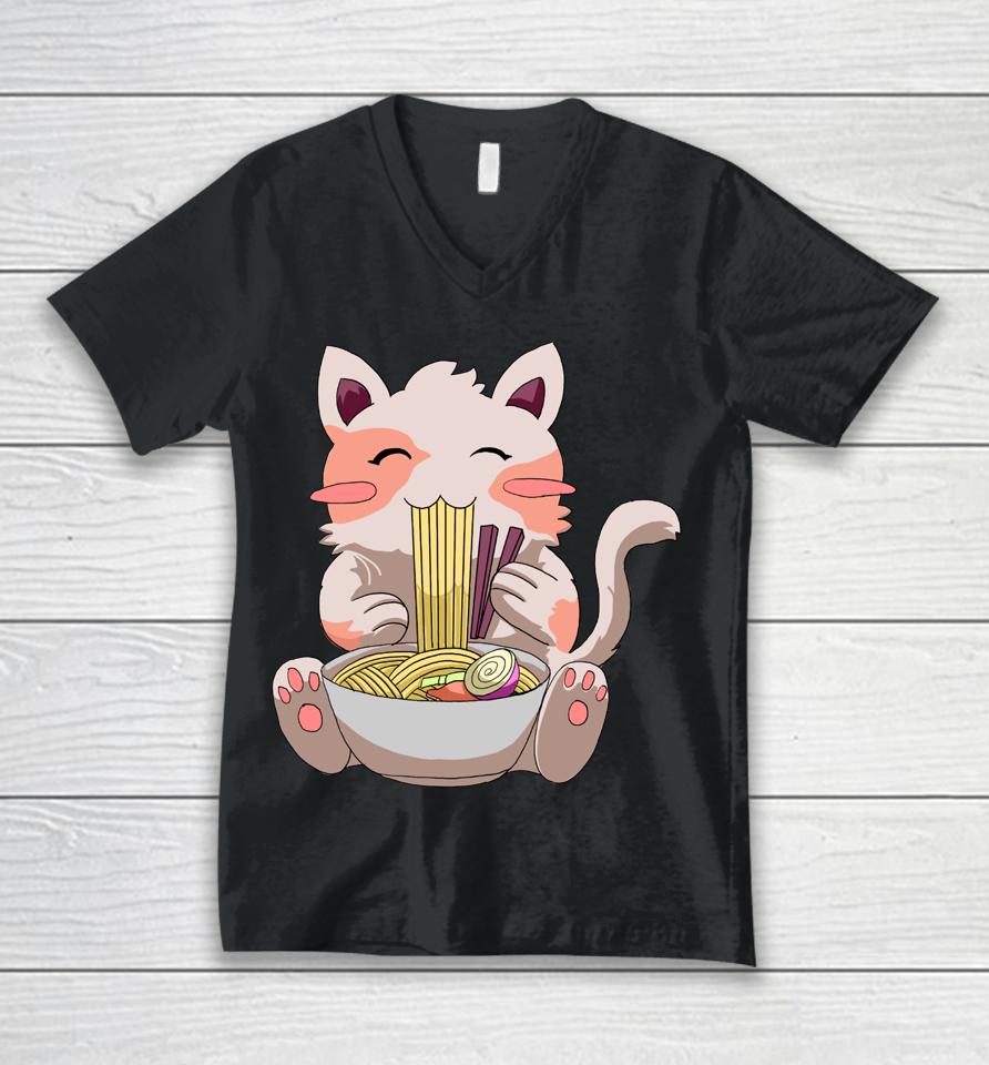 Kawaii Neko Cat Ramen Bowl Anime Japanese Noodles Unisex V-Neck T-Shirt