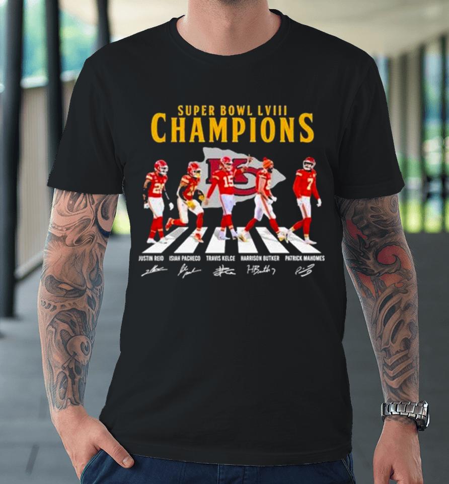 Kc Chiefs Super Bowl Lviii Champions Reid Pacheco Kelce Butker And Mahomes Abbey Road Signatures Premium T-Shirt