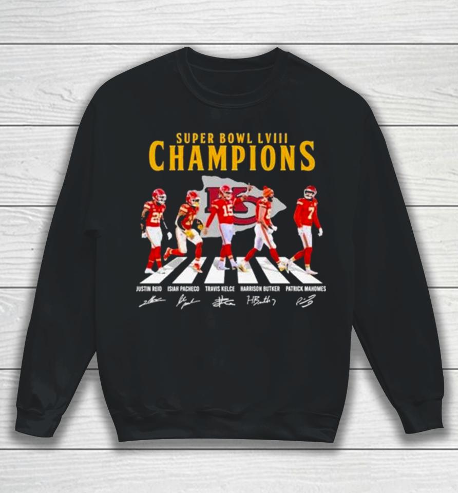 Kc Chiefs Super Bowl Lviii Champions Reid Pacheco Kelce Butker And Mahomes Abbey Road Signatures Sweatshirt
