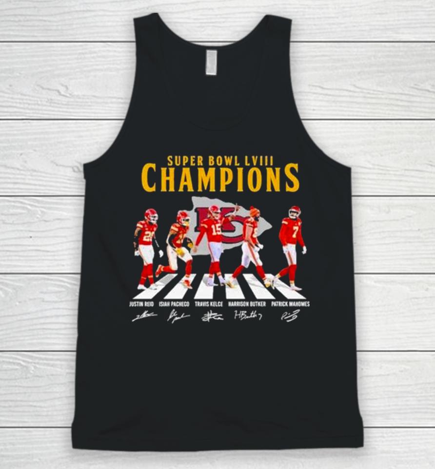 Kc Chiefs Super Bowl Lviii Champions Reid Pacheco Kelce Butker And Mahomes Abbey Road Signatures Unisex Tank Top