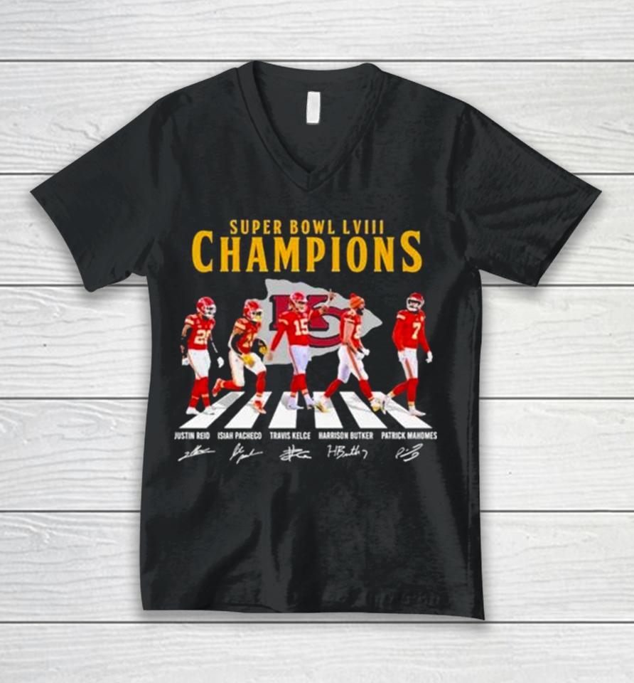 Kc Chiefs Super Bowl Lviii Champions Reid Pacheco Kelce Butker And Mahomes Abbey Road Signatures Unisex V-Neck T-Shirt