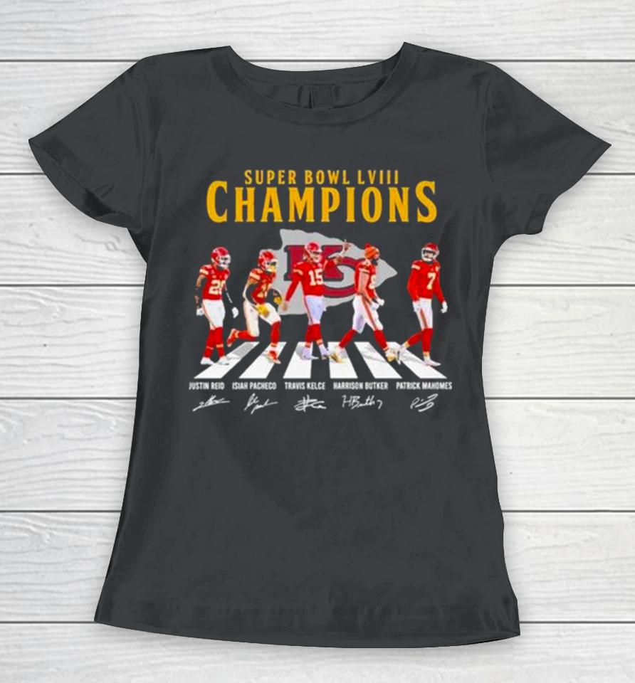 Kc Chiefs Super Bowl Lviii Champions Reid Pacheco Kelce Butker And Mahomes Abbey Road Signatures Women T-Shirt