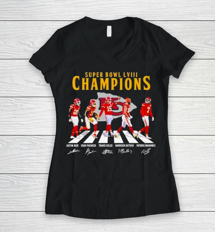 Kc Chiefs Super Bowl Lviii Champions Reid Pacheco Kelce Butker And Mahomes Abbey Road Signatures Women V-Neck T-Shirt