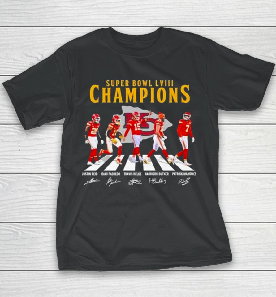 Kc Chiefs Super Bowl Lviii Champions Reid Pacheco Kelce Butker And Mahomes Abbey Road Signatures Youth T-Shirt
