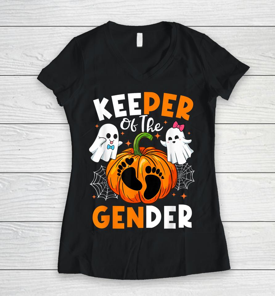 Keeper Of The Gender Reveal Baby Fall Halloween Thanksgiving Women V-Neck T-Shirt