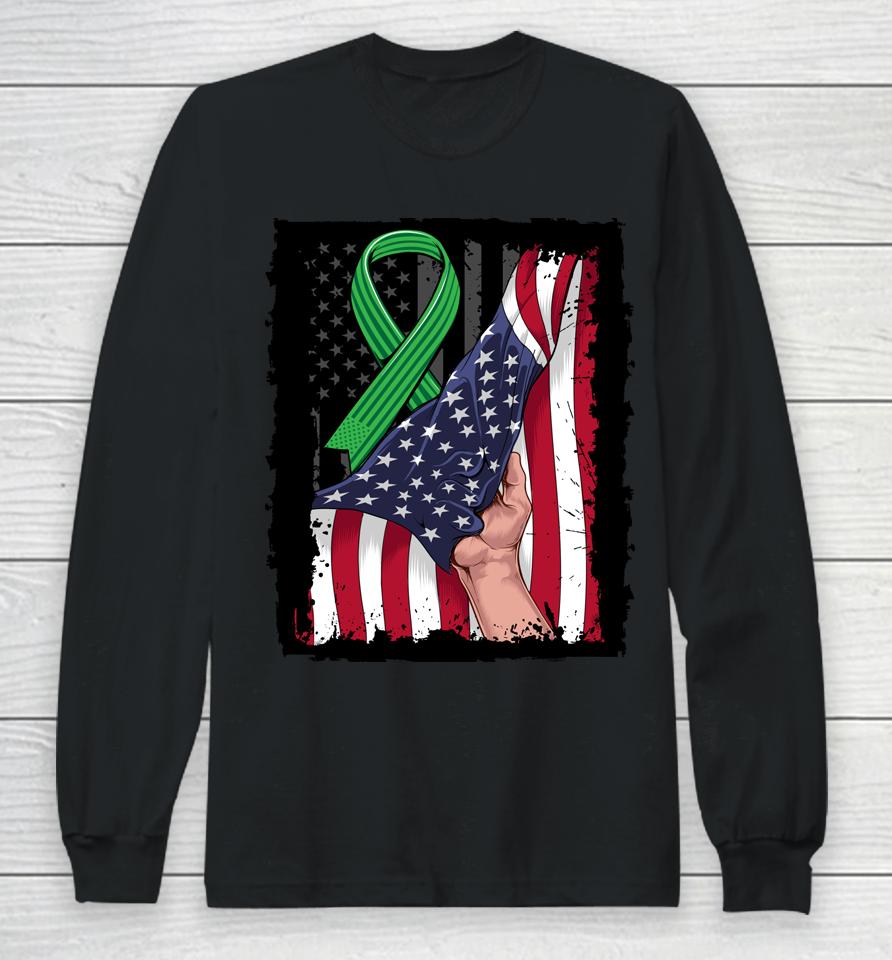 Kidney Disease Awareness American Flag Green Ribbon Gifts Long Sleeve T-Shirt