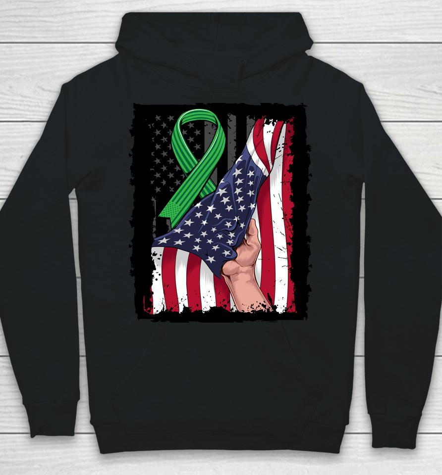 Kidney Disease Awareness American Flag Green Ribbon Gifts Hoodie